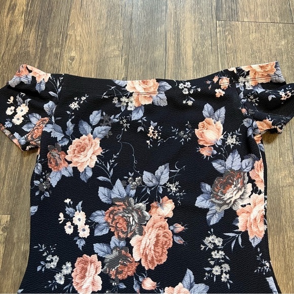 Women’s Floral Blue And Coral Boat Neckline Off Shoulders Mini Dress Size S - Picture 6 of 8